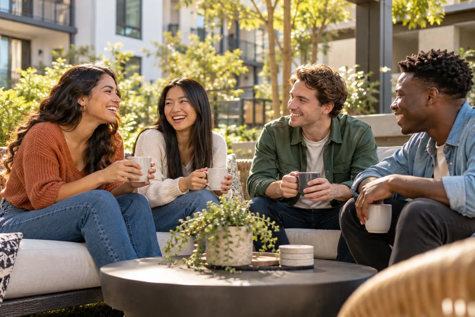 New graduates meeting friends on a neighborhood patio