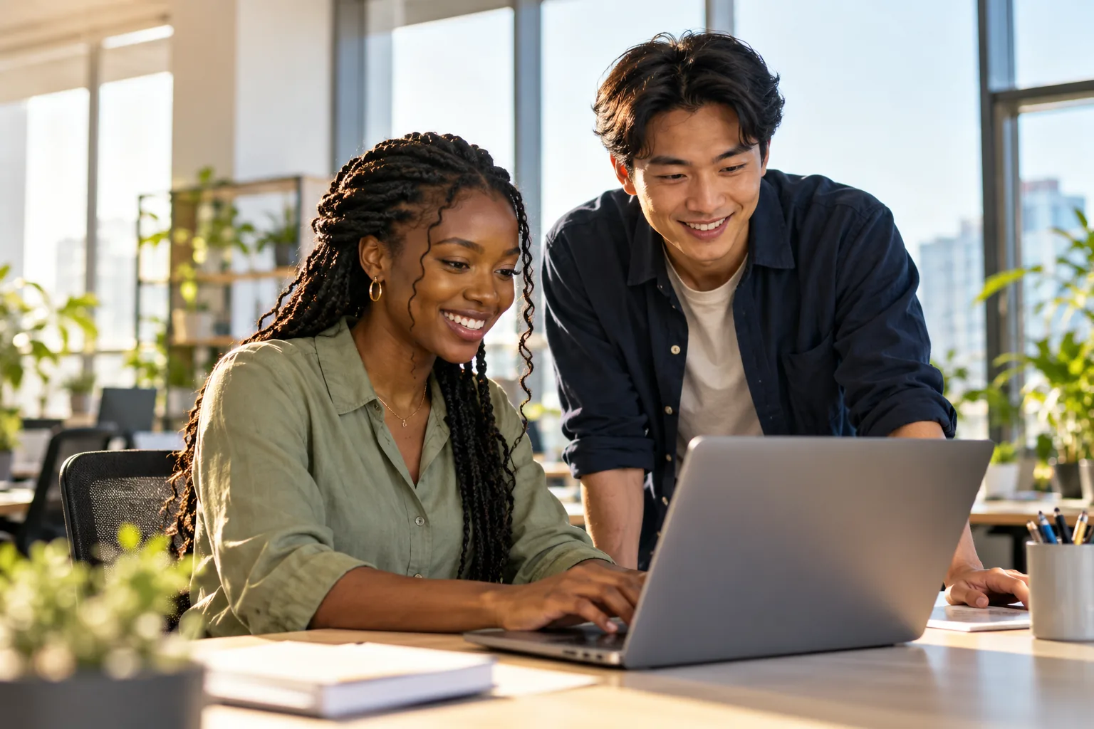 New graduates collaborating at their first job