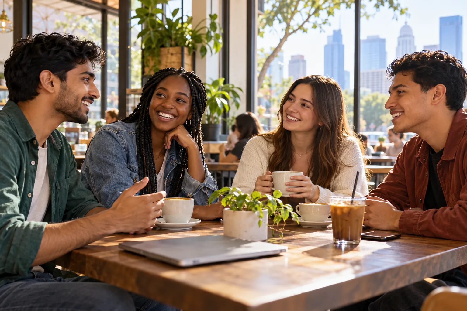 New graduates making friends at a neighborhood coffee shop