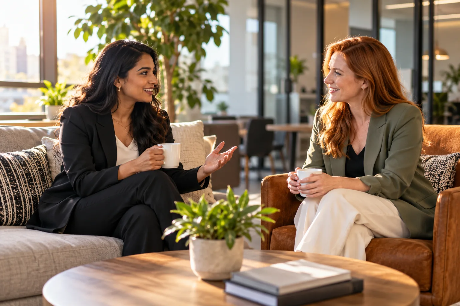 Recruiters connecting in an office lounge