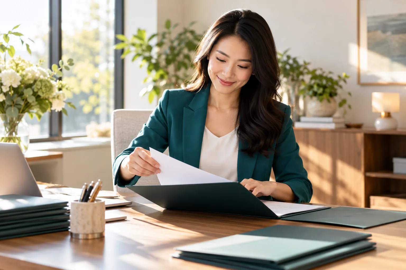 Recruiter preparing a new hire welcome folder