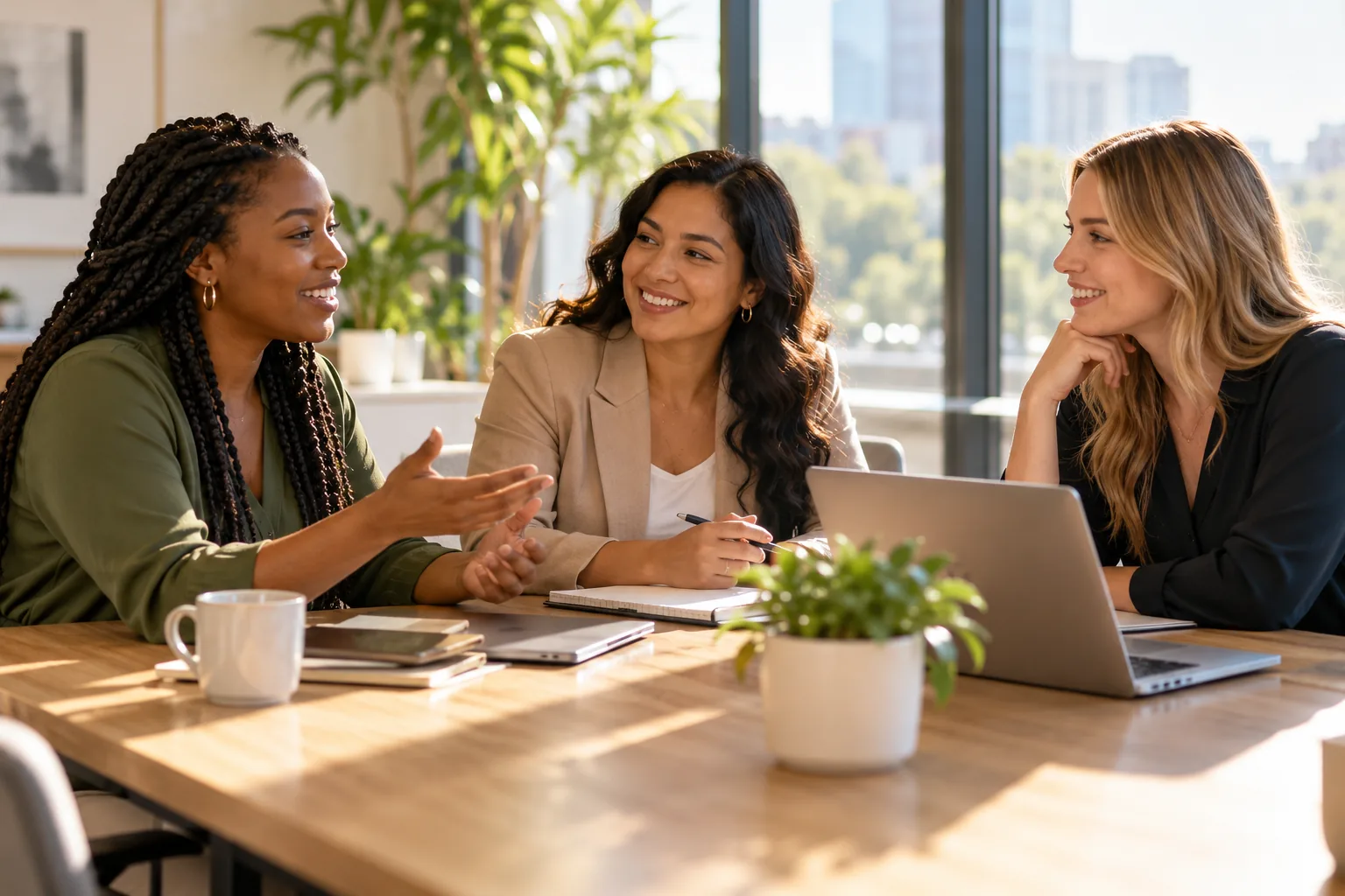 Women recruiters discussing candidate onboarding