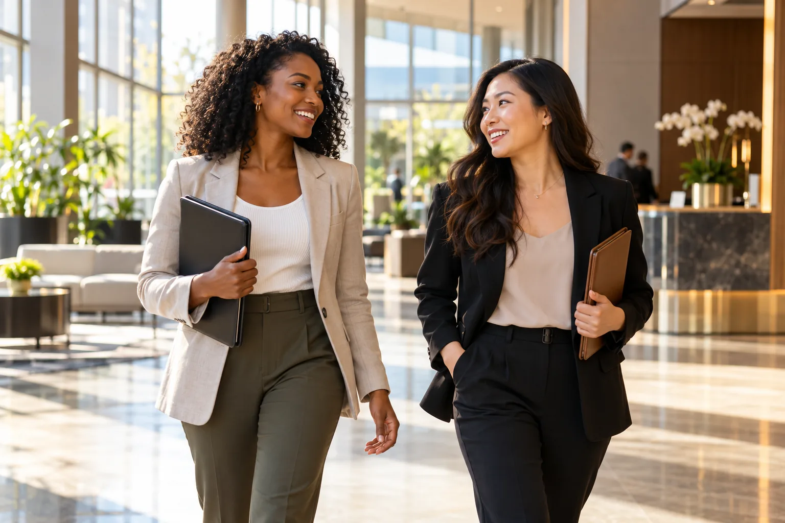 Women recruiters walking through a corporate lobby