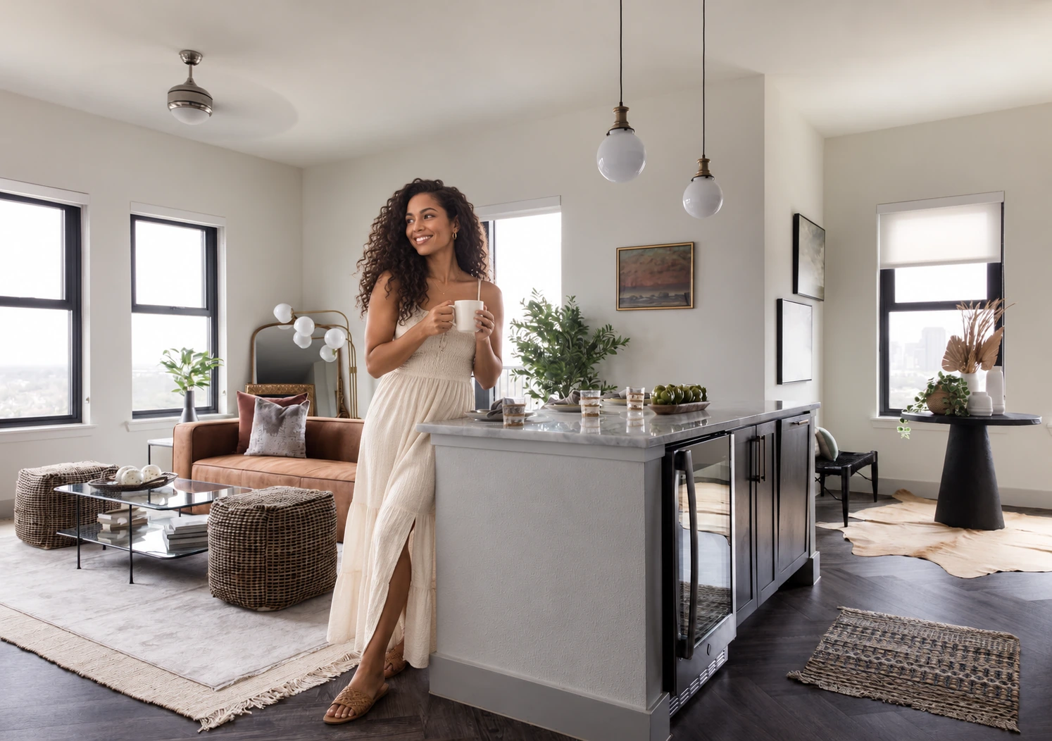 Woman enjoying coffee in a bright apartment
